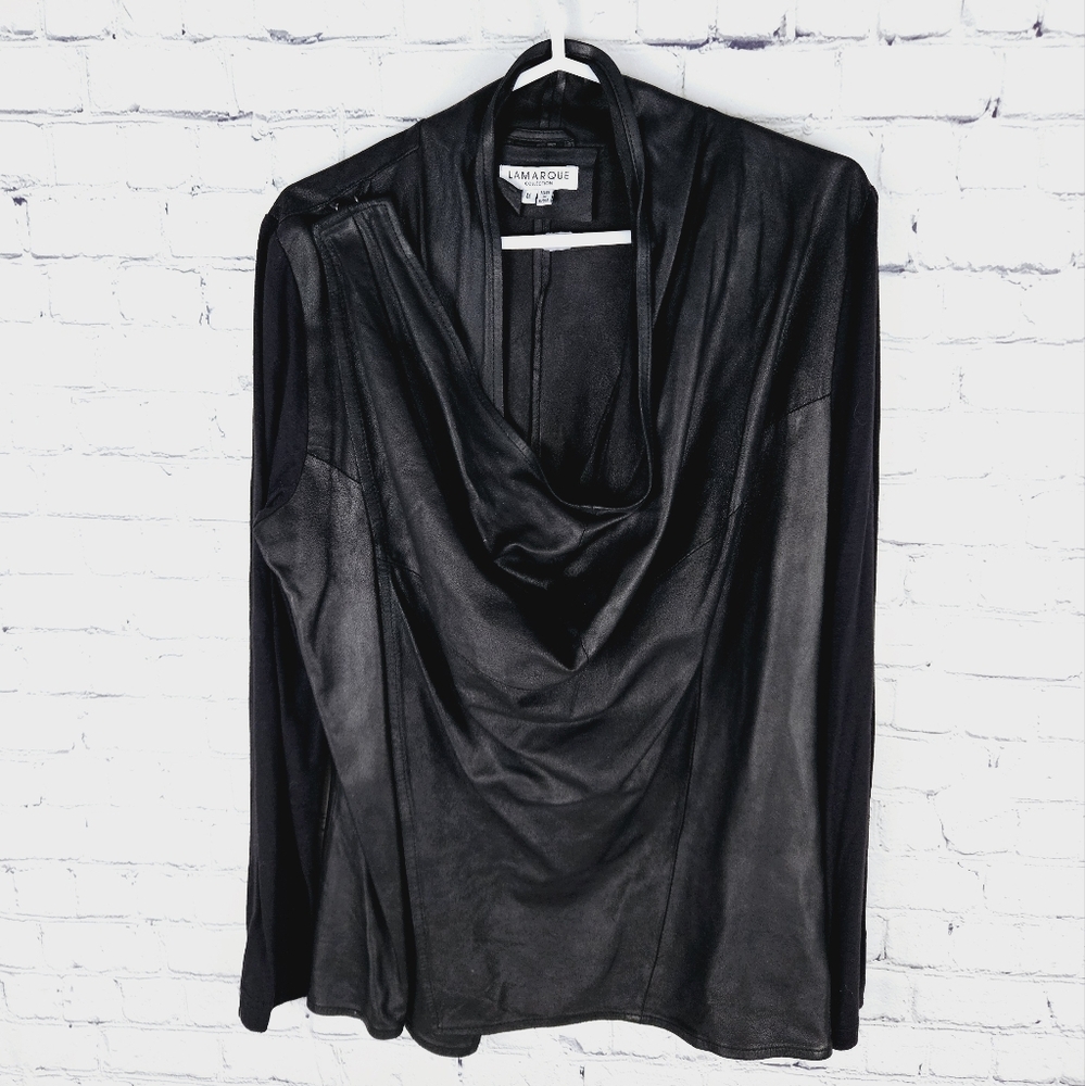 LAMARQUE COLLECTION | leather drape front cowl unlined jacket